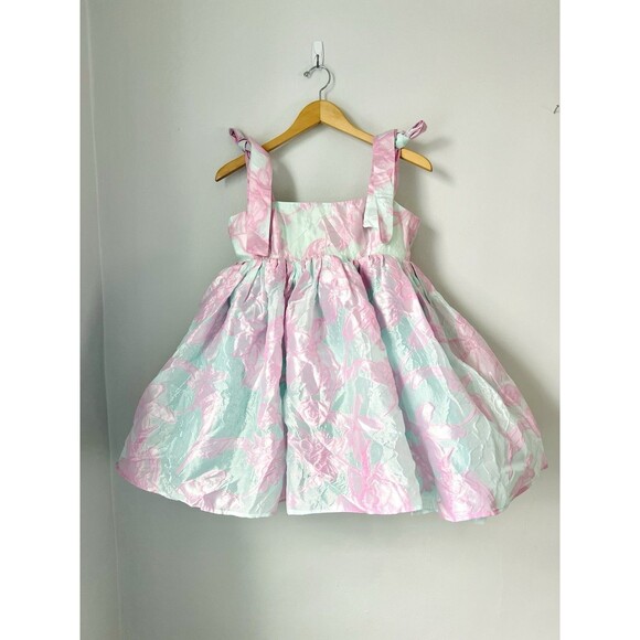 Wolf & Badger Baby Doll Pink Floral Embossed Sz S Coquette Fairy Bow Puff Dress - Picture 2 of 8